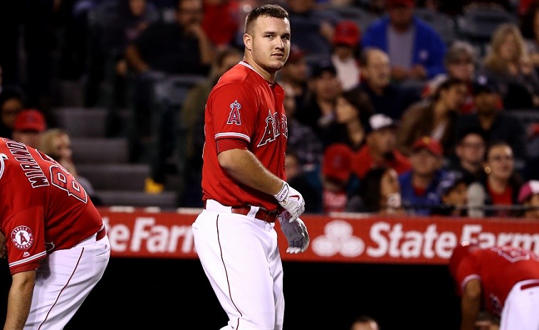 ANAHEIM, CA - SEPTEMBER 13: Mike Trout #27 of the Los Angeles Angels of Anaheim looks too the Seattle Mariners bench after striking out during the fourth inning of a game at Angel Stadium of Anaheim on September 13, 2016 in Anaheim, California. 