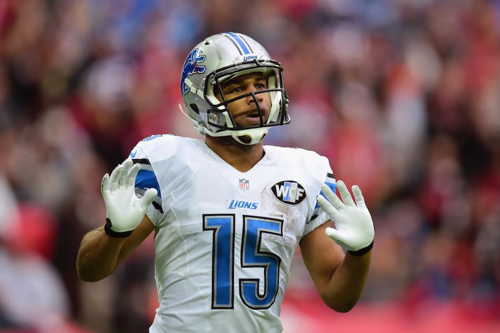 Golden Tate celebrates his touchdown.