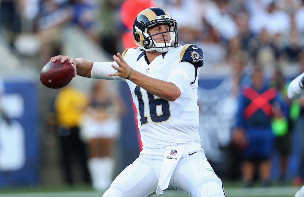 Jared Goff of the Los Angeles Rams attempts a pass.