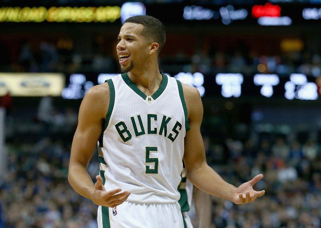 Michael Carter-Williams of the Milwaukee Bucks reacts to a call.