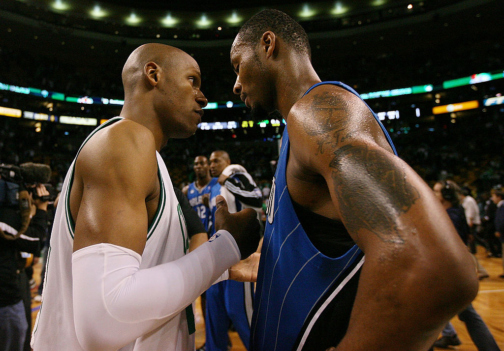 Ray Allen #20 of the Boston Celtics congratulates Rashard Lewis #9 of the Orlando Magic after Game Seven of the Eastern Conference Semifinals during the 2009 NBA Playoffs at TD Banknorth Garden on May 17, 2009 in Boston, Massachusetts. The Orlando Magic defeated the Boston Celtics 101-82 to advance to the Eastern Conference Finals | Elsa/Getty Images
