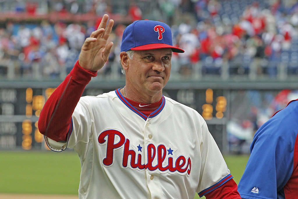 Manager Ryne Sandberg of the Philadelphia Phillies waves to the crowd after winning his first game as a major league manager against the Los Angeles Dodgers at Citizens Bank Park on August 18, 2013 in Philadelphia, Pennsylvania. The Phillies won 3-2.