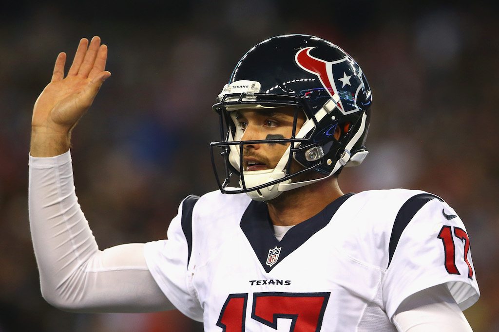 Brock Osweiler #17 of the Houston Texans reacts during a game.