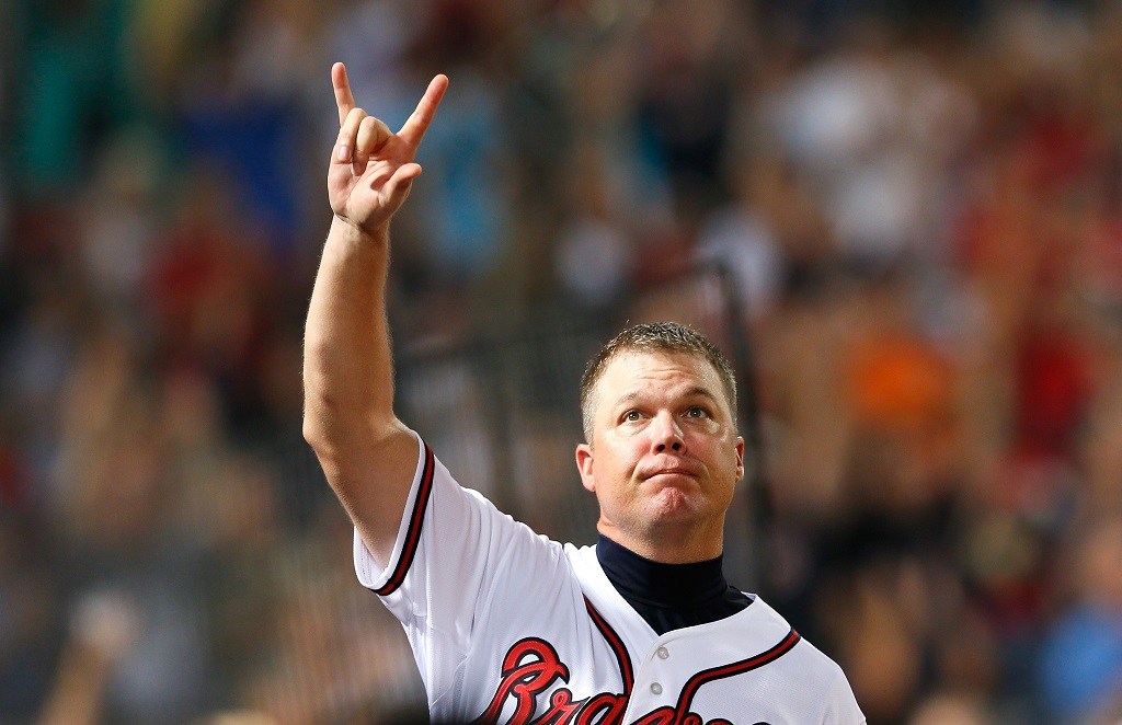 ATLANTA, GA - JULY 03: Chipper Jones #10 of the Atlanta Braves reacts after hitting a single in the eighth inning against the Chicago Cubs at Turner Field on July 3, 2012 in Atlanta, Georgia. (Photo by Kevin C. Cox/Getty Images)