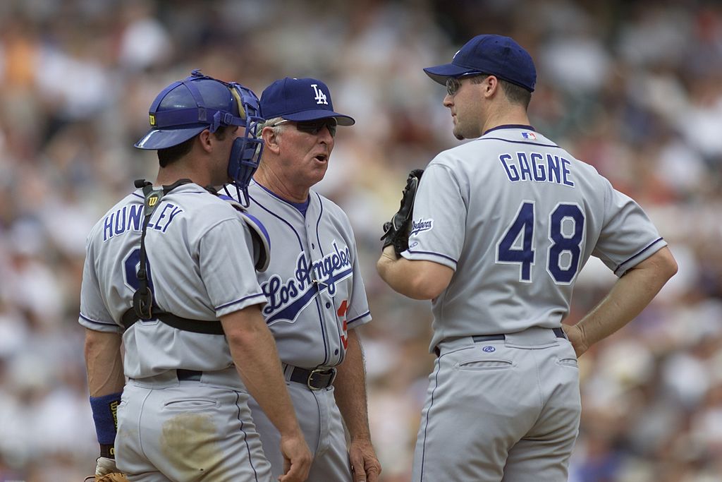Pitching Coach Claude Osteen #38, Pitcher Eric Gagne #48, and Catcher Todd Hundley #9 of the Los Angeles Dodgers