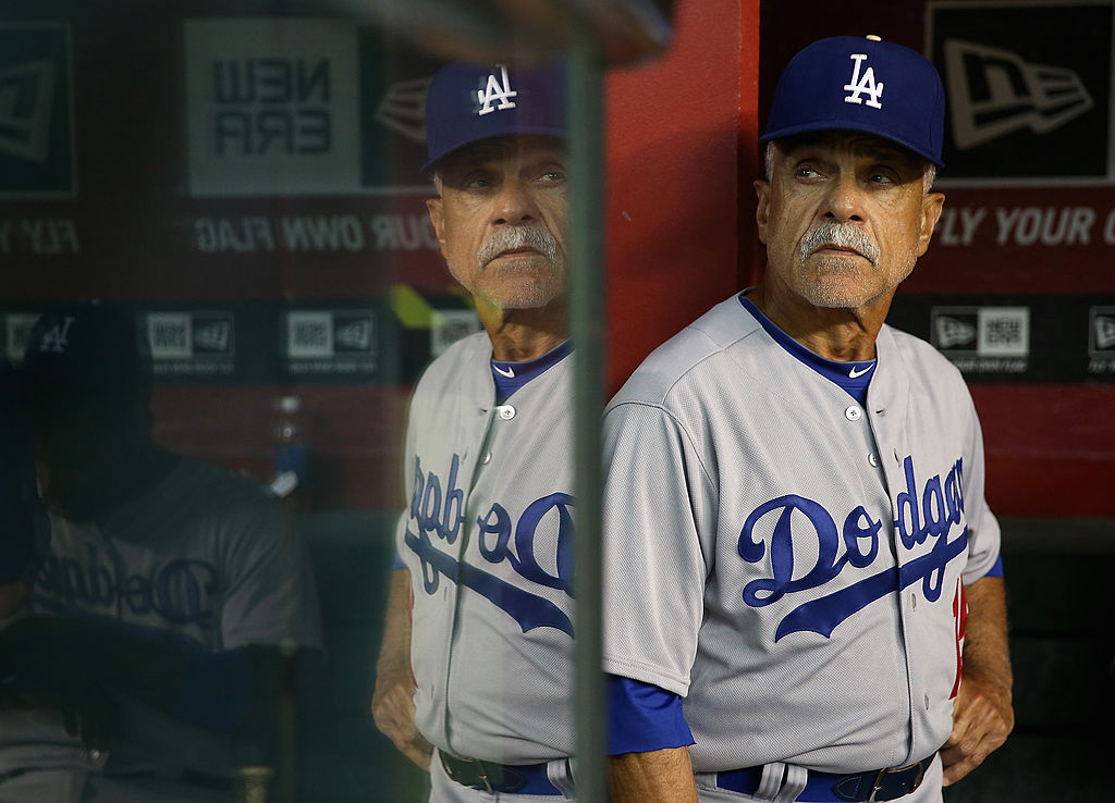 First base coach Davey Lopes #15 of the Los Angeles Dodgers