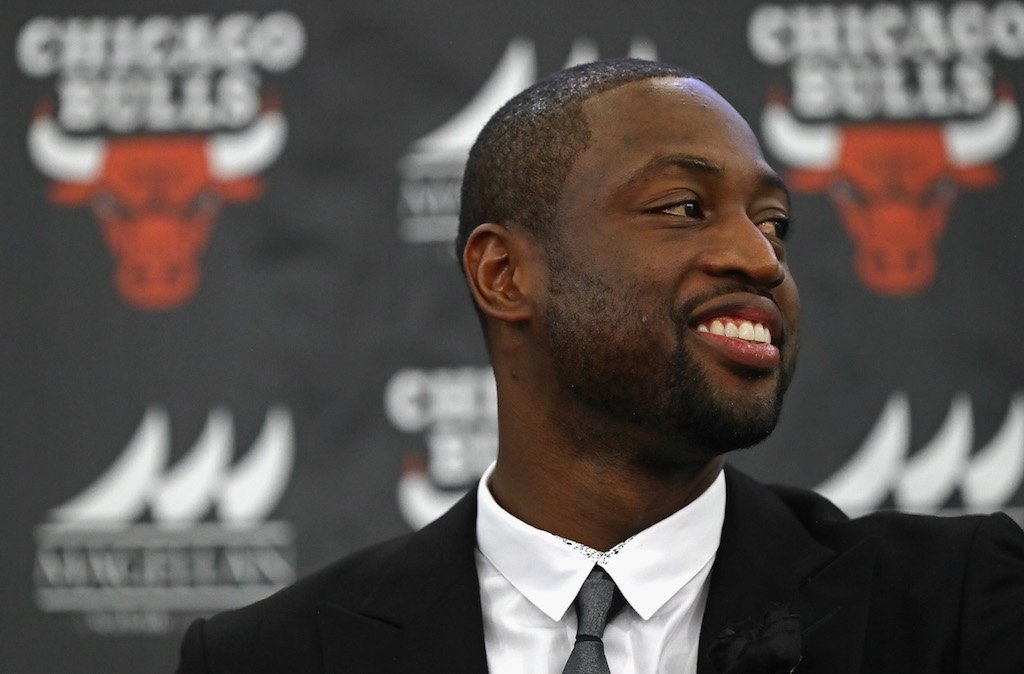 Dwyane Wade smiles during a Bulls press conference.
