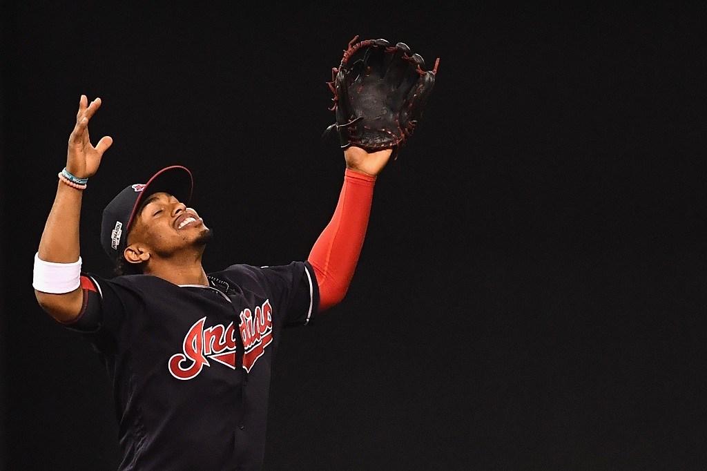 Francisco Lindor of the Cleveland Indians celebrates the final out against the Boston Red Sox.