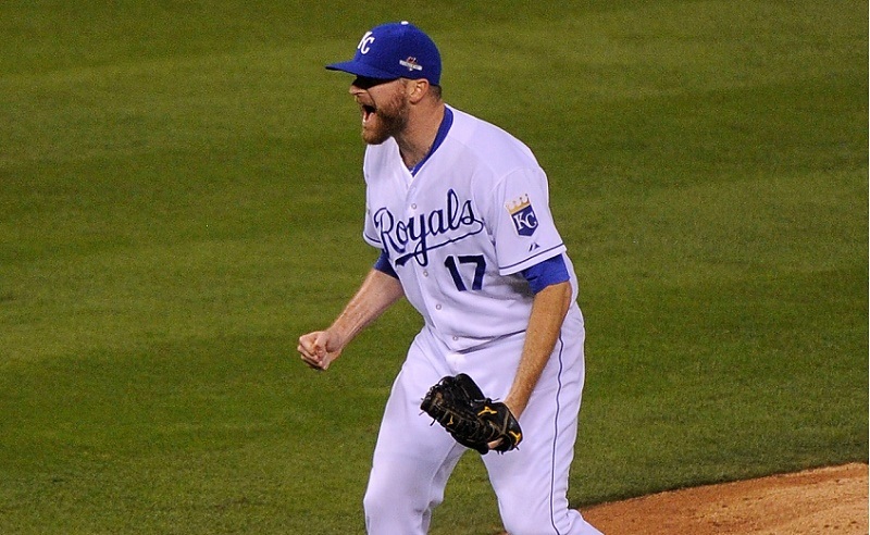 KANSAS CITY, MO - OCTOBER 23: Wade Davis #17 of the Kansas City Royals celebrates after the Royals 4-3 victory against the Toronto Blue Jays in game six of the 2015 MLB American League Championship Series at Kauffman Stadium on October 23, 2015 in Kansas City, Missouri.