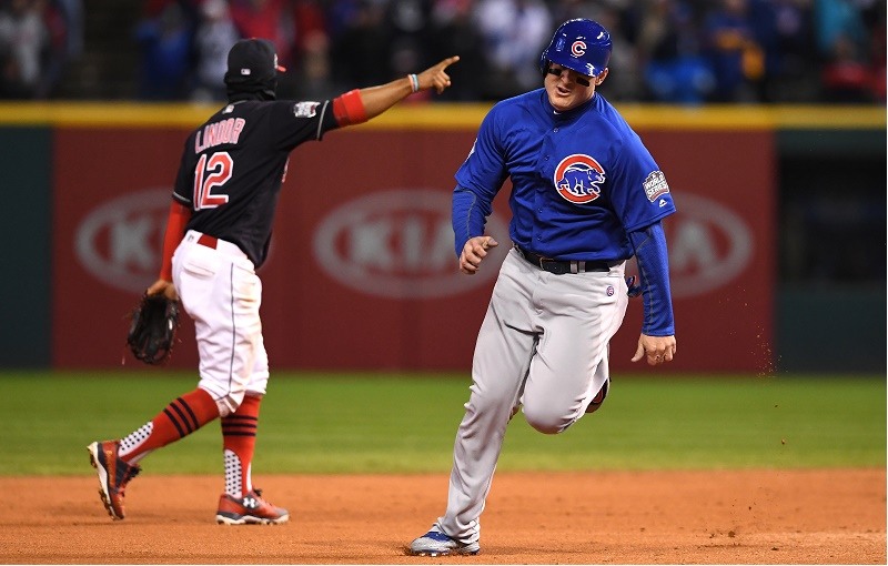 CLEVELAND, OH - OCTOBER 26: Anthony Rizzo #44 of the Chicago Cubs runs on his way to scoring after Ben Zobrist #18 (not pictured) hit an RBI triple during the fifth inning against the Cleveland Indians in Game Two of the 2016 World Series at Progressive Field on October 26, 2016 in Cleveland, Ohio.