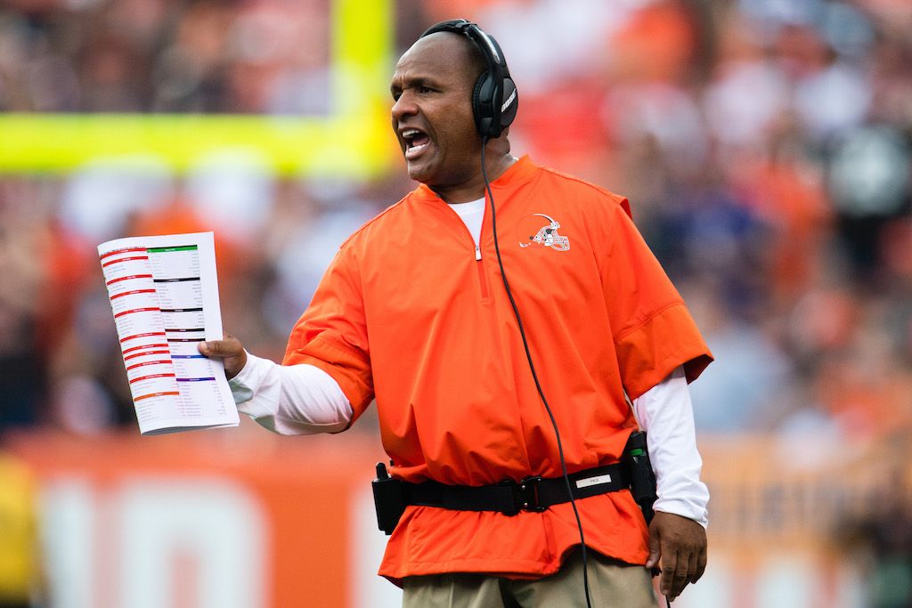 Head coach Hue Jackson of the Cleveland Browns yells to his players.