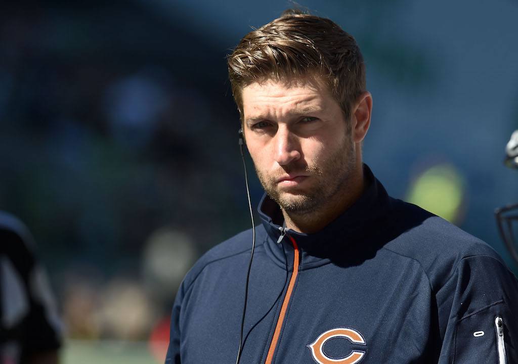 Jay Cutler watches the action from the sideline. 