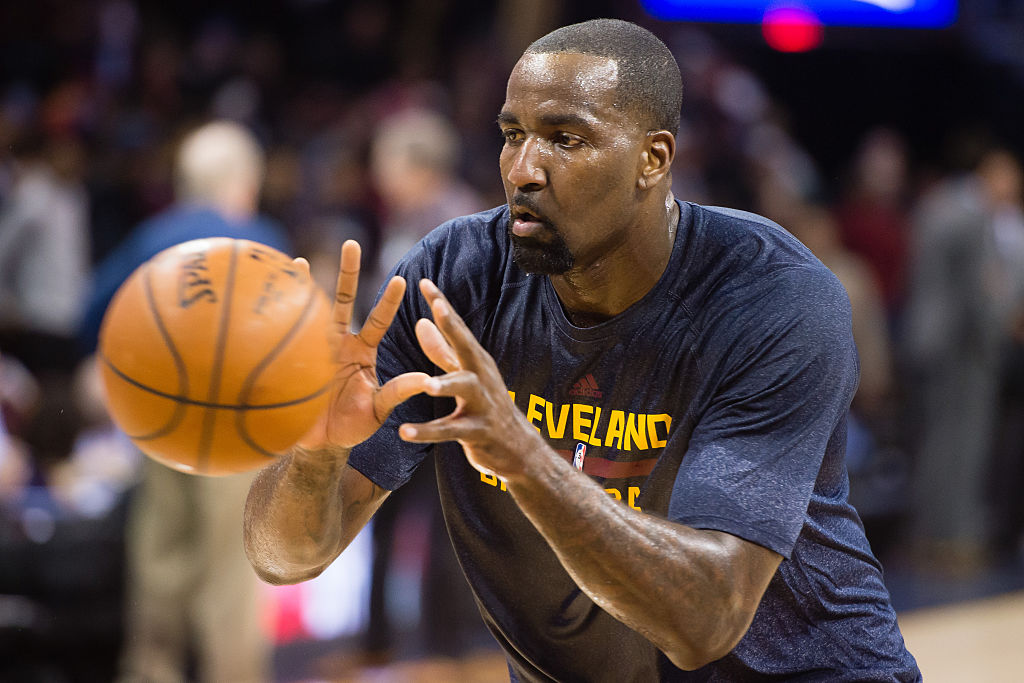 Kendrick Perkins of the Cleveland Cavaliers grabs the ball during warmups.