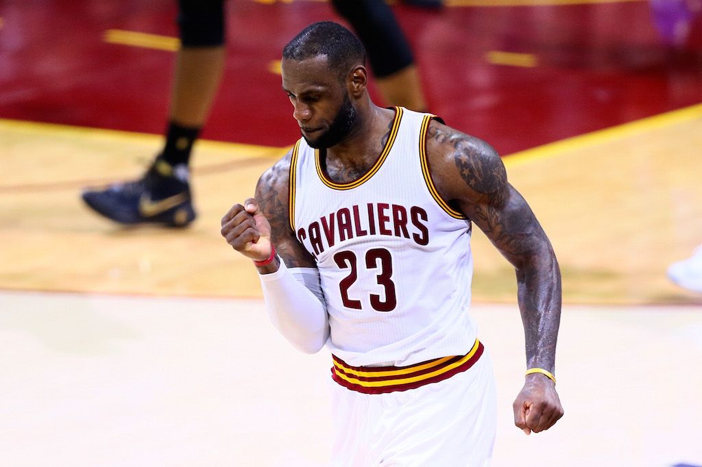 LeBron James of the Cleveland Cavaliers reacts after a play.