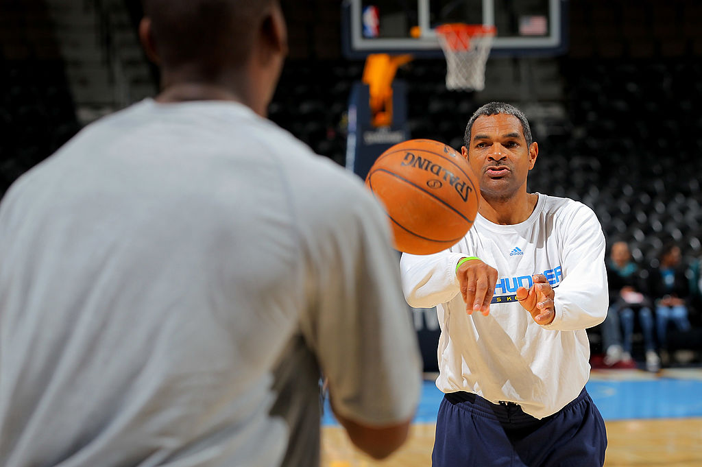 Assistant coach Maurice Cheeks of the Oklahoma City Thunder warms up.