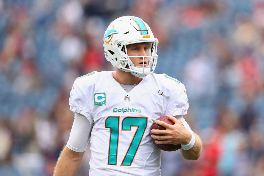 Miami Dolphins quarterback Ryan Tannehill warms up before a game.