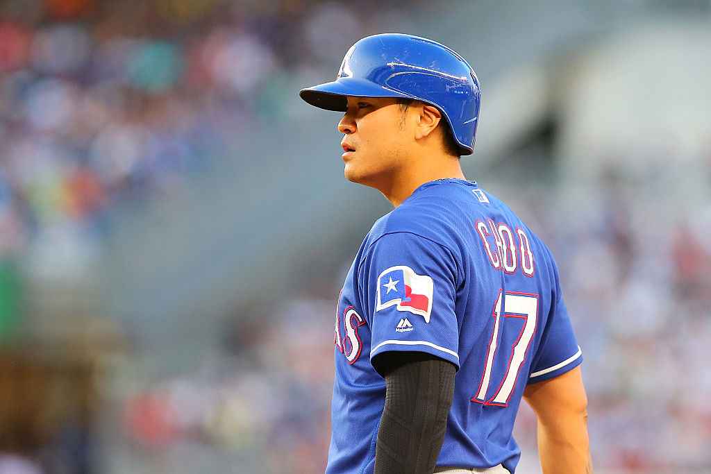 Shin-Soo Choo of the Texas Rangers looks on.