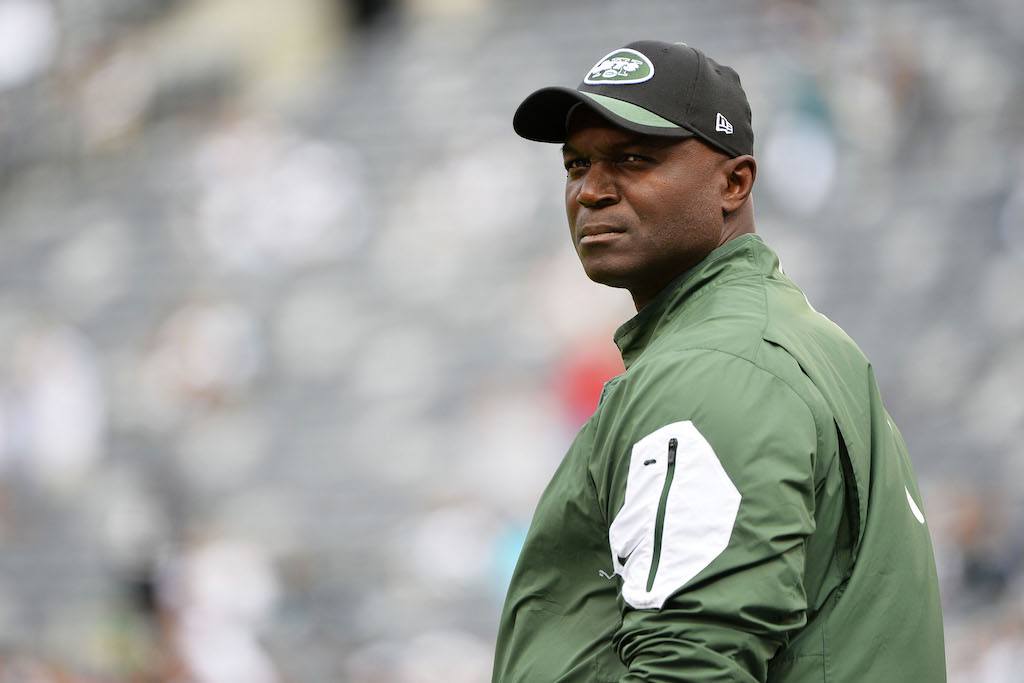Jets head coach Todd Bowles looks serious as he stands on the sideline.