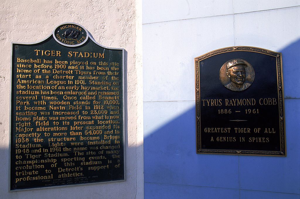 A view of the Tiger Stadium with Tyrus Raymond Cobb plaque