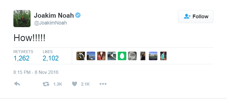 Joakim Noah responds to Donal Trump's win on Twitter.