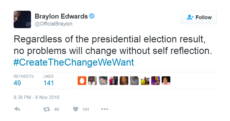 Braylon Edwards tweeted a message about chance during the 2016 presidential election.