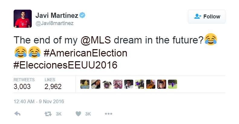 Javi Martinez comments on the 2016 Presidential Election results on Twitter.