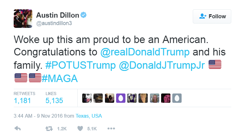 Austin Dillon expressed his joy at Donald Trump's win