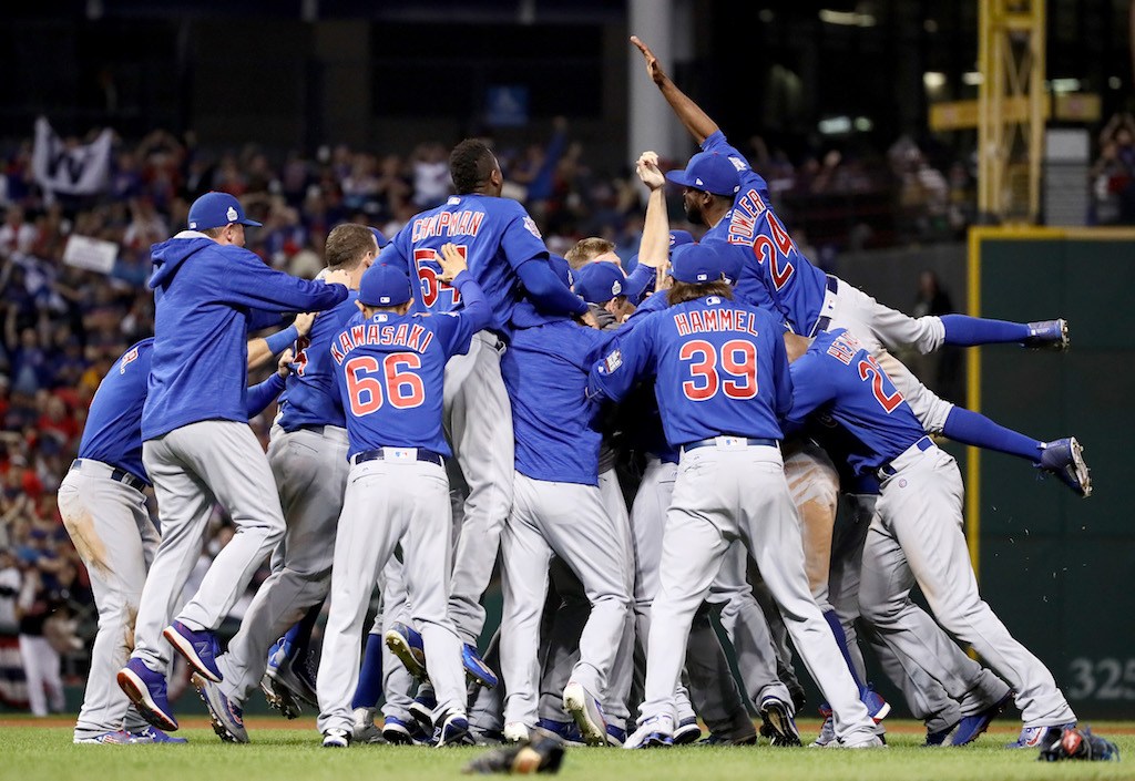 The Chicago Cubs celebrate winning the 2016 World Series.