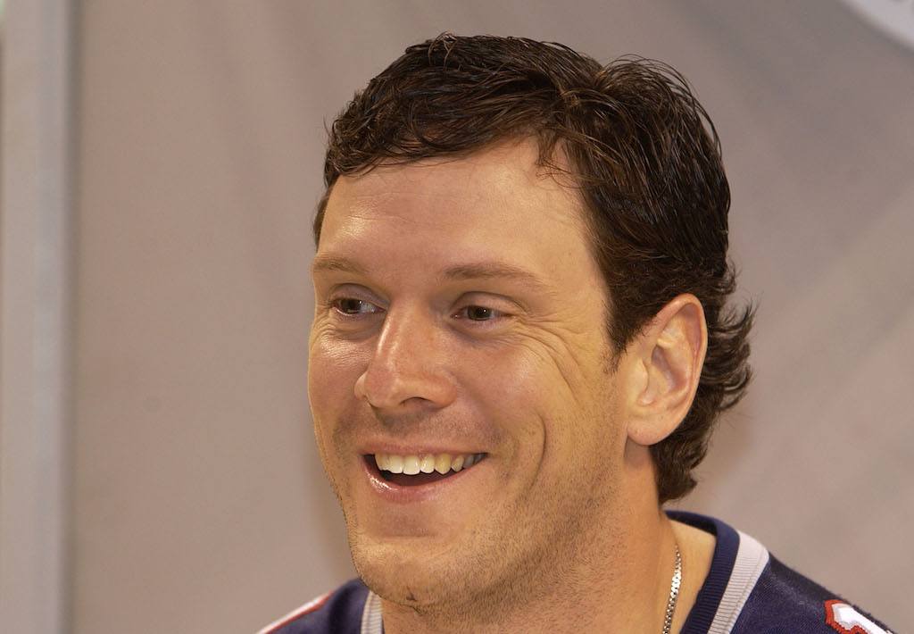 Drew Bledsoe meets with the press during Super Bowl media day. 
