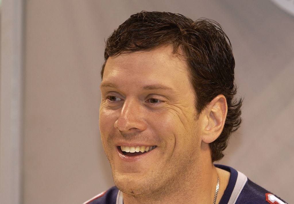 Drew Bledsoe meets with the press during Super Bowl media day.