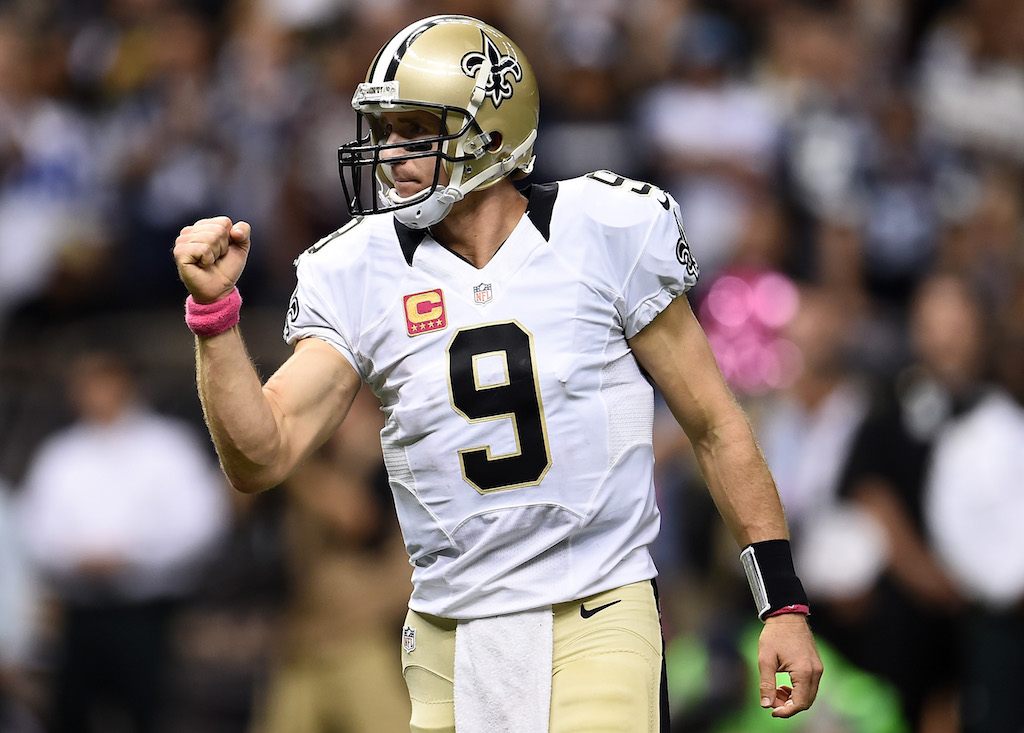 Drew Brees celebrates a touchdown pass in 2016. 