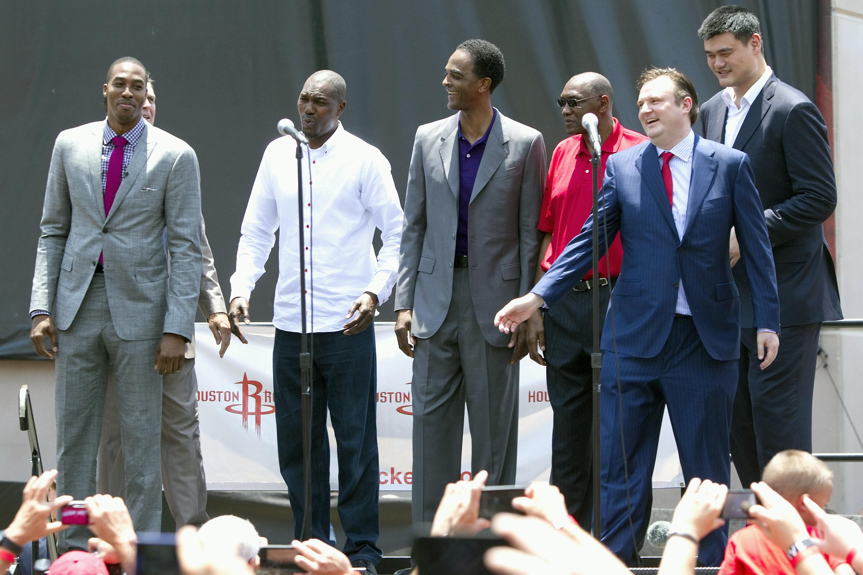 Hakeem Olajuwon, Ralph Sampson, Elvin Hayes, Yao Ming and Houston Rockets general manager Daryl Morey