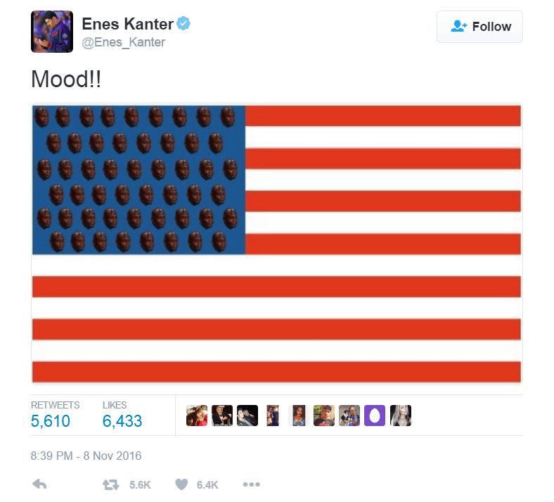 Enes Kanter responds to the 2016 Presidential Election on Twitter.
