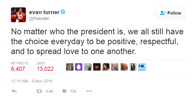 Evan Turner reminded people to be respectful to each other despite who the winner was.