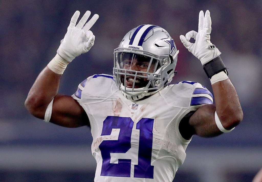 The Dallas Cowboys' Ezekiel Elliott #21 celebrates after Alfred Morris #46 scored against the Chicago Bears.