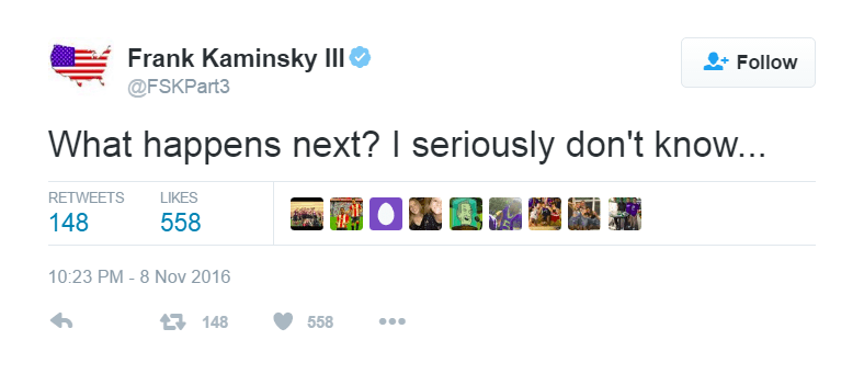 Frank Kaminsky III responds to the 2016 Presidential Election on Twitter.