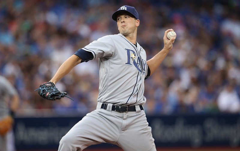TORONTO, CANADA - AUGUST 9: Drew Smyly #33 of the Tampa Bay Rays delivers a pitch in the second inning during MLB game action against the Toronto Blue Jays on August 9, 2016 at Rogers Centre in Toronto, Ontario, Canada.
