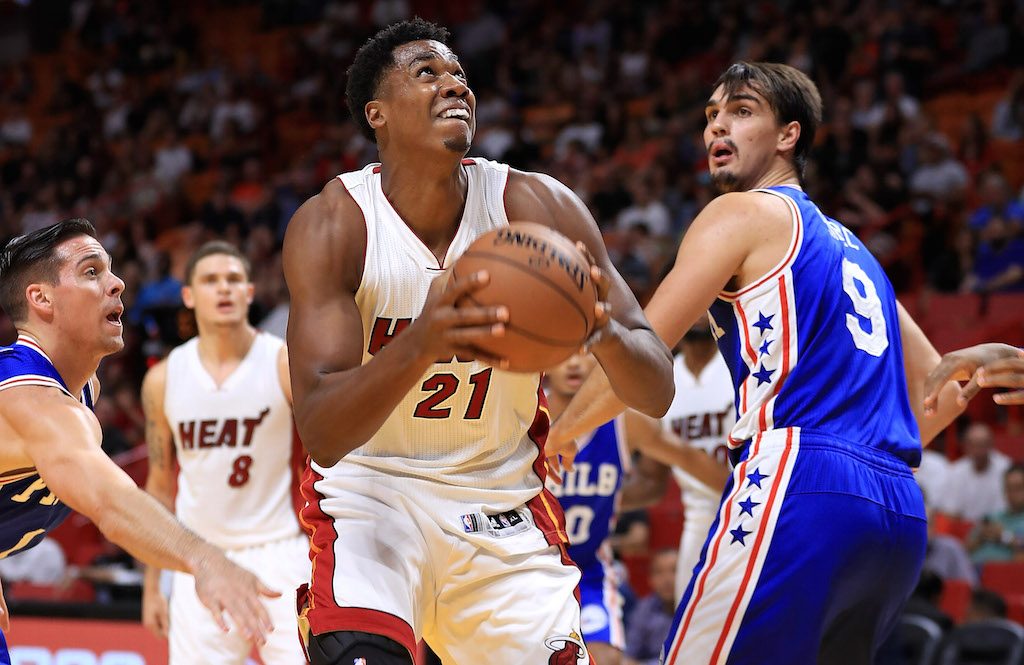 Hassan Whiteside of the Miami Heat drives to the basket against the Philadelphia 76ers