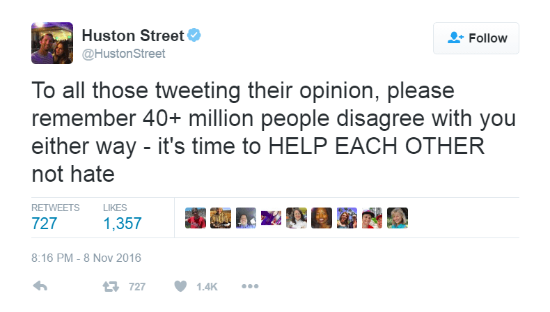 Huston Street reminds people that there are a lot of people who disagree with you no matter what side you are on.