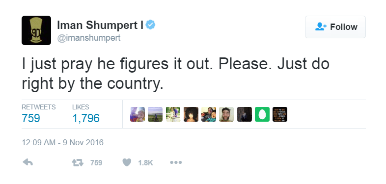 Iman Shumpert comments on the 2016 Presidential Election on Twitter