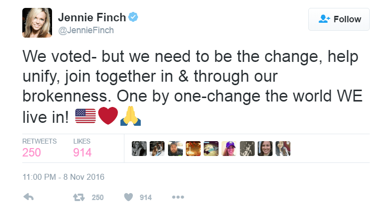Jennie Finch reacts to the 2016 election results