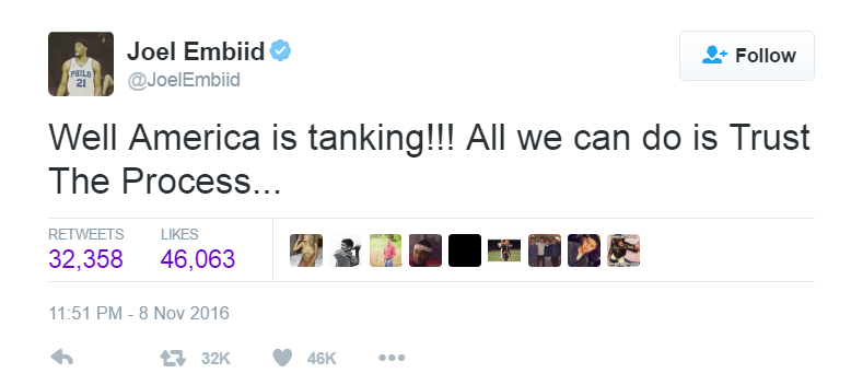 Joel Embiid commented on the 2016 election results via Twitter