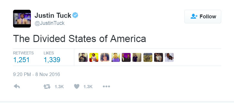 Justin Tuck comments on the 2016 Presidential Election results on Twitter