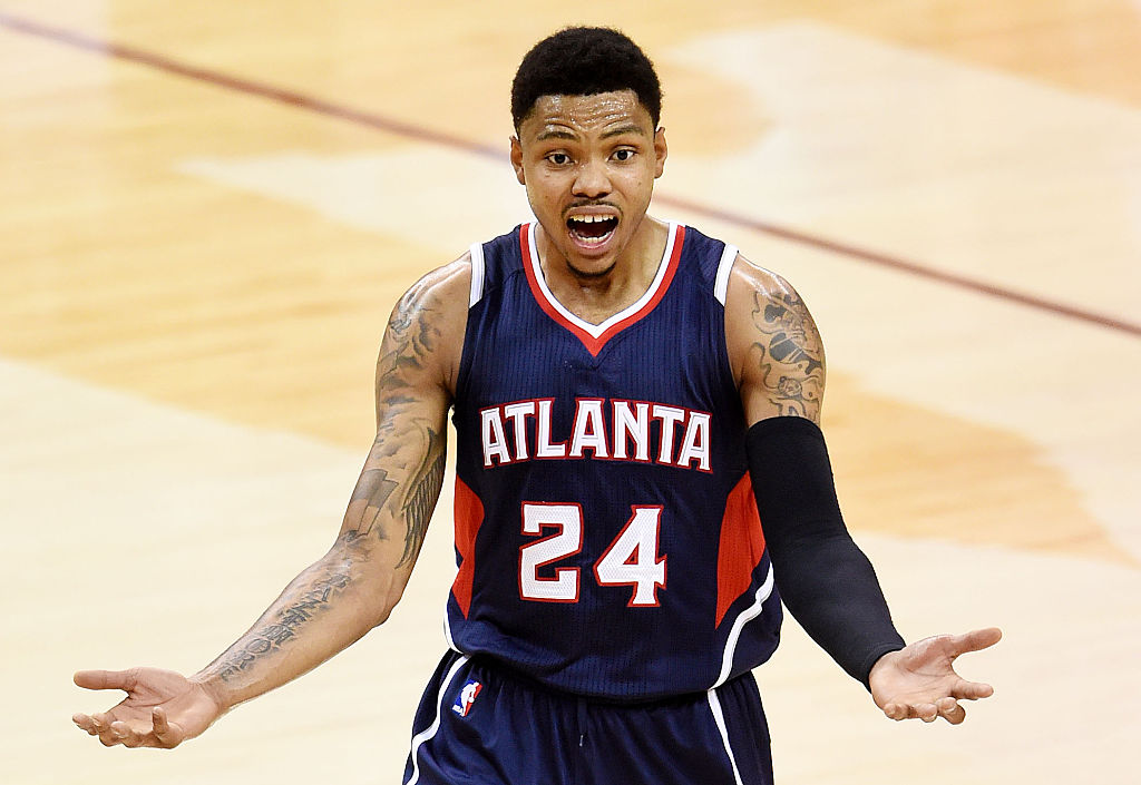 Kent Bazemore of the Atlanta Hawks reacts after being called for a foul during Game 3 of the 2015 Eastern Conference Finals