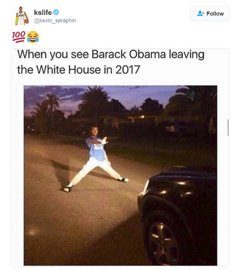 Kevin Seraphin reacts to the 2016 Presidential Election on Twitter by making a joke about President Barack Obama leaving.