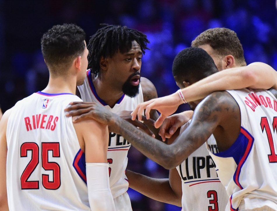 DeAndre Jordan #6 of the Los Angeles Clippers speaks to his teammates during a loss. 