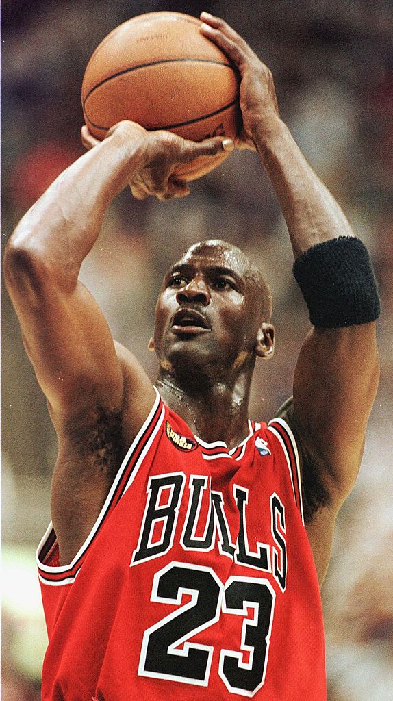 Michael Jordan of the Chicago Bulls takes a shot against the Utah Jazz