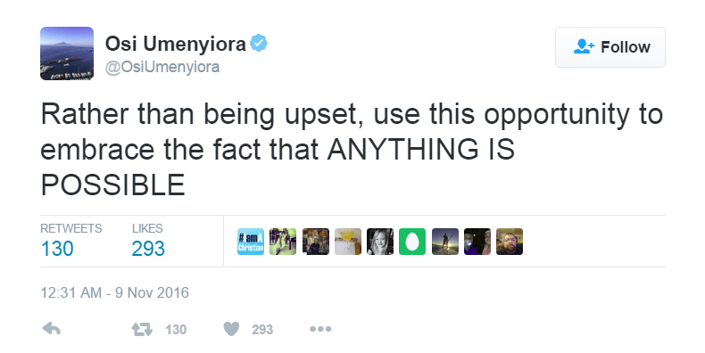 Osi Umenyiora sends a message on Twitter following the election results