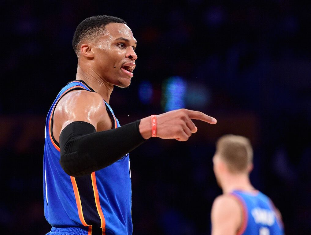 Russell Westbrook argues a call with the referee.