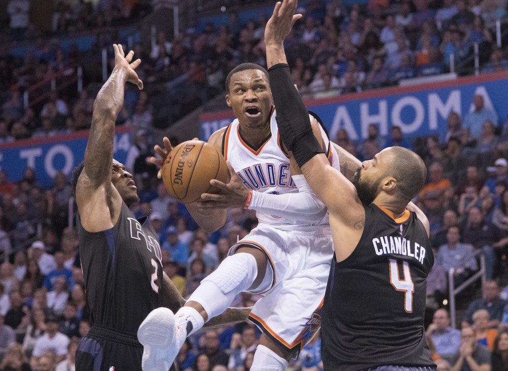 Russell Westbrook shows off his jump as he goes up for a layup.